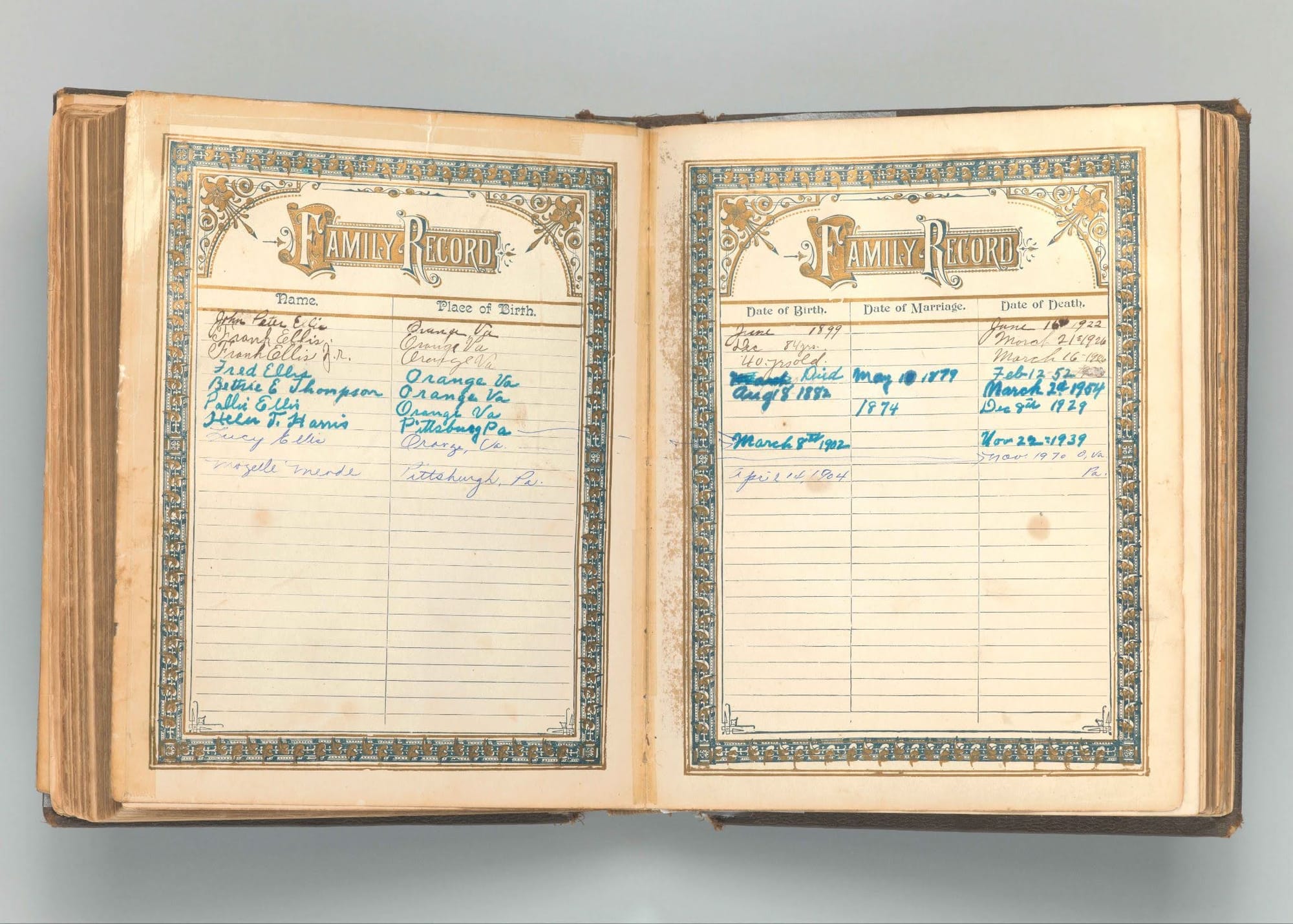 An open book with "Family Record" pages and handwritten entries in the table.