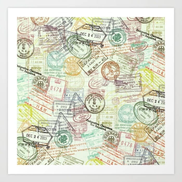 Visa stamps overlaid on each other artistically