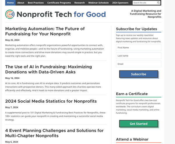 Screenshot of Nonprofit Tech for Good homepage