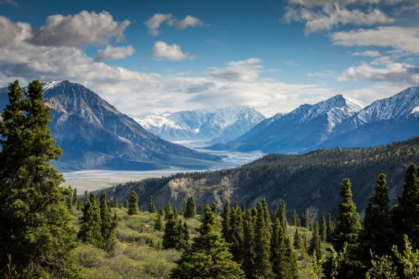 Wilderness photo capturing distant mountains, nearby forest, and a river valley in between.