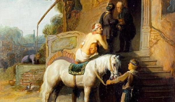 Man in fine clothing pays an inn keeper while others assist an unclothed man in dismounting a horse