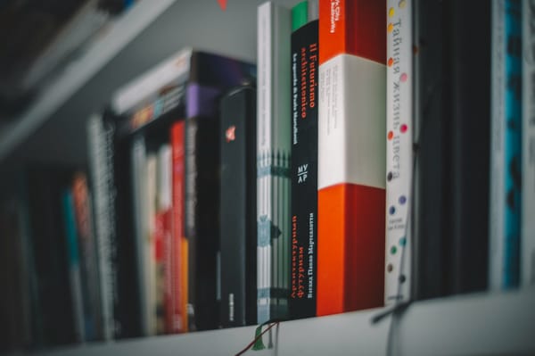 Books on a bookshelf, with titles in different languages