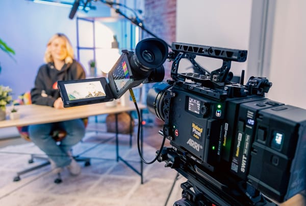 Video subject in background smiles at camera in foreground